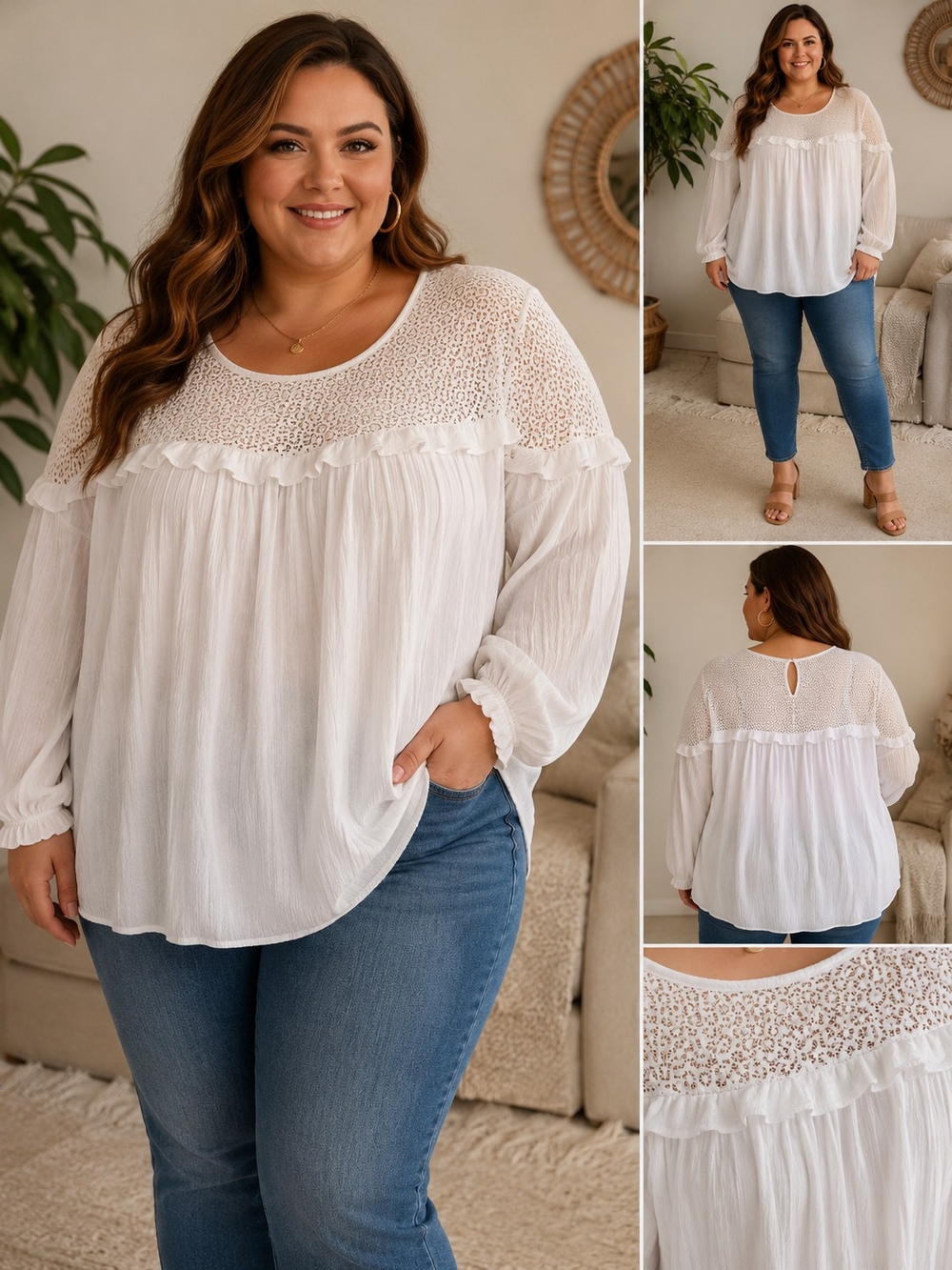 Cato White Crochet-Yoke Peasant Blouse